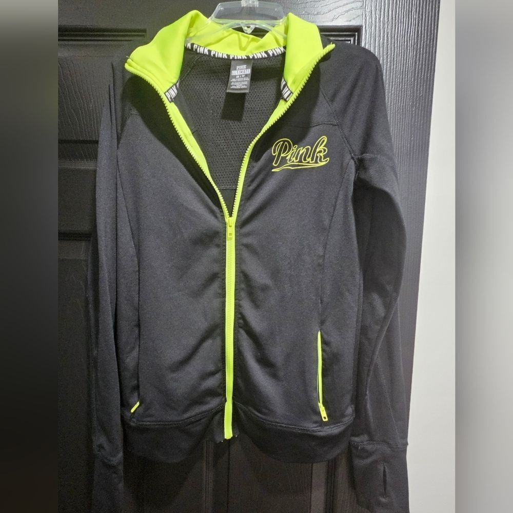 PINK Victoria's Secret Black Bomber Jacket with Neon Yellow Accents